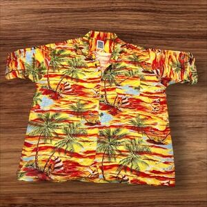 Ocean Current‎ Vintage Rayon Hawaiian Shirt XL Palm Trees Sailboat Red Yellow